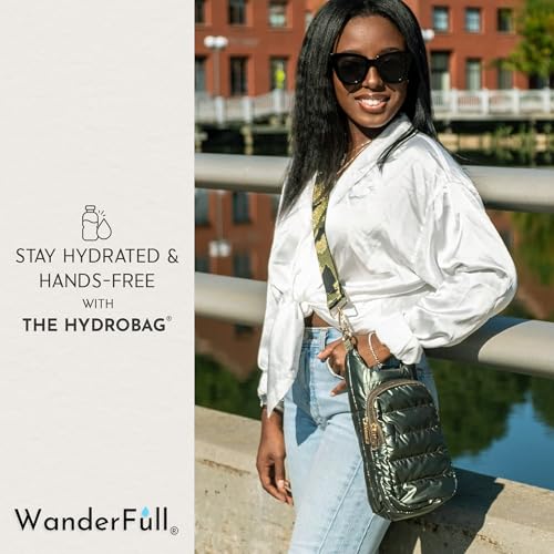 WanderFull Original HydroBag Crossbody Water Bottle Holder with Phone Pocket, Fits Water Bottles up to 32 oz - color: Army Green Shiny - Patterned Strap