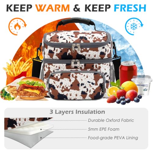 FlowFly Double Layer Cooler Insulated Lunch Bag Adult Lunch Box Large Tote Bag for Men, Women, With Adjustable Strap,Front Pocket and Dual Large Mesh Side Pockets - color: Cow