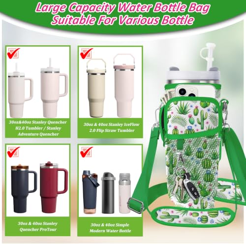 Water Bottle Carrier Bag for Stanley 40/30oz Cup Tumbler with Phone Pocket,Insulated Crossbody Water Bottle Holder with Adjustable Strap,Water Bottle Sling Pouch for Hiking Walking Camping Accessories - color: Cactus Palm Leaves Aloe Vera