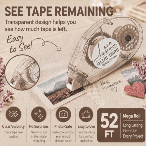 MARCADORUS Double Sided Tape Roller, Scrapbook Tape Runner Extra Long 52Ft - size: 52.5 Ft x 0.31 In : 8 Pack