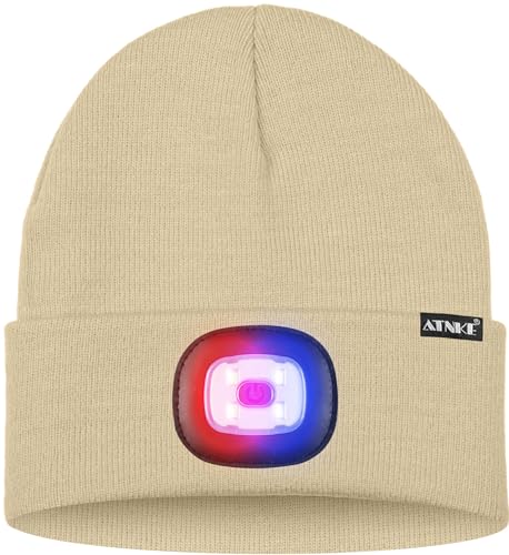 ATNKE LED Lighted Beanie Hat,USB Rechargeable 4 LED Red and Blue Flashing Running Headlamp Cap Gifts for Men and Women - color: #Beige