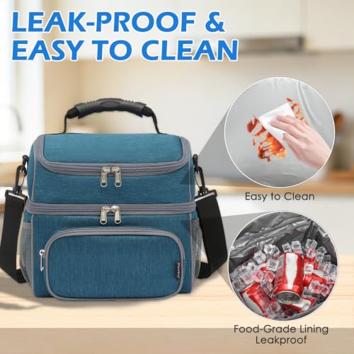 FlowFly Double Layer Cooler Insulated Lunch Bag Adult Lunch Box Large Tote Bag for Men, Women, With Adjustable Strap,Front Pocket and Dual Large Mesh Side Pockets - color: Lake Blue