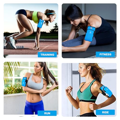 Sports Armband, Running Gym Universal Smartphone Arm Bag with Earphone Hole Multifunctional Pockets foriPhone 15, 14, 13, 12, 11 Pro Max, Xs, Xr, X, 8 Plus, SE, Galaxy S22 Ultra and More - color: Blue
