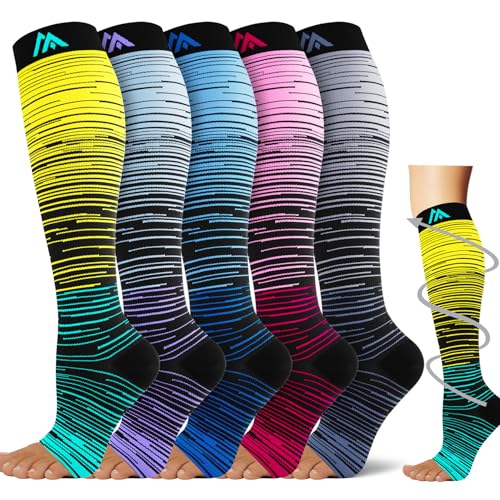 Compression Socks for Women&Men 20-30mmHg Graduated Knee High Stocking - color: 05-5 Pairs Open Toe Multi Stripe 02, size: Large-X-Large