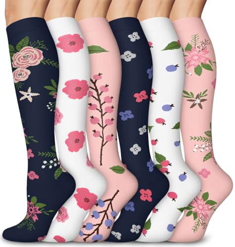 Aoliks 6 Pairs Compression Socks for Women & Nurses, Flying Knee High Socks - color: 020 A04-navy/Pink/White, size: Large-X-Large