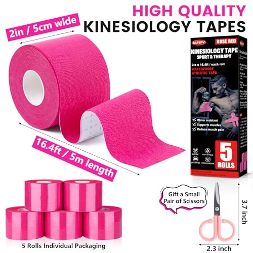 5 Rolls Rose Red Kinesiology Tape, 2 inch x 16.4 Feet Kinetic Tape - color: Rose Red