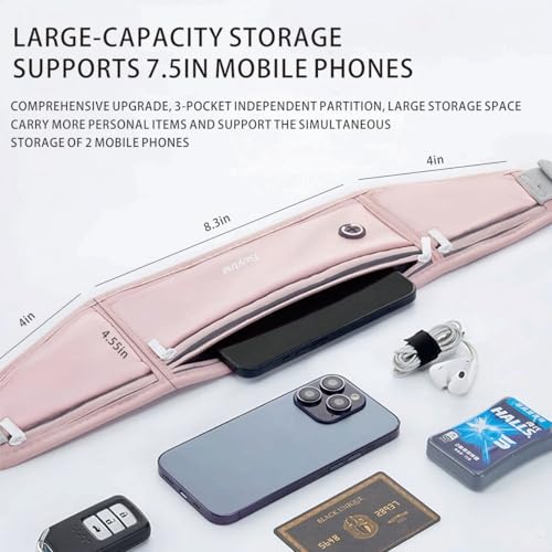 Running Belt for Women & Men - Slim Phone running belt with Water-Resistant Phone Holder, 3 pockets Adjustable Waist Strap, Reflective Safety Design for Running, Hiking, Travel，Fitness (Pink) - color: Pink
