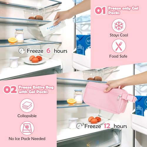 Fammart Freezable Snack Bag with Removable Ice Packs, Small Insulated Lunch Bag Mini Cooler, Leakproof Reusable Snack Lunch Box with Buckle Handle for Work, Travel, Office - Pink - color: with Ice Packs - Pink