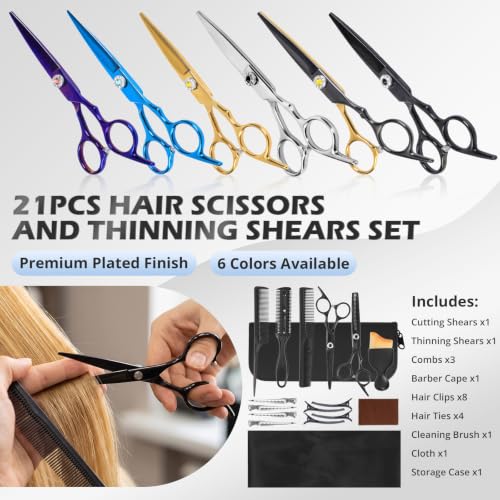 21Pcs 440C Hair Cutting Scissors Kit, Hair Scissors & Thinning Scissors Set - color: Black
