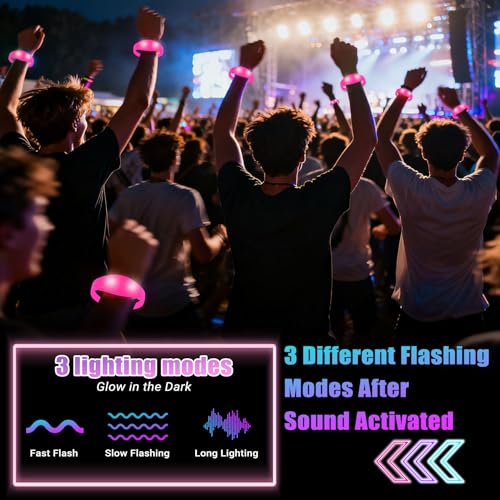 12 Pcs LED Glow Bracelets Sound Activated Flashing Light Up Bracelet for New Years Eve Glow in the Dark Party Supplies Christmas Party Favors Birthday Gift Carnival Concerts Night Events - color: Pink