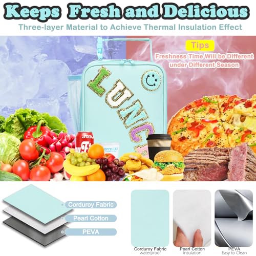 FlowFly Lunch box Insulated Soft Bag Mini Cooler Back to School Thermal Meal Tote Kit With Buckle and Mesh Side Pocket for Girls, Boys, GreenWithLetter - color: GreenWithLetter