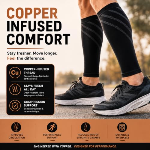 CopperJoint Calf Compression Sleeve for Men & Women, Black, Large, Firm Fit - color: Black, size: Large