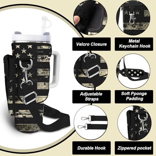 Water Bottle Carrier Bag for Stanley Cup 40/30oz, Neoprene Water Bottle Holder Pouch with 3 Pocket Adjustable Shoulder & Hand Strap - color: Retro Camo American Flag
