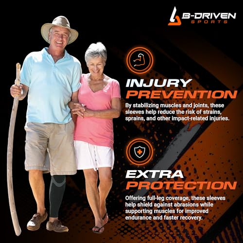 B-Driven Sports Full Leg Compression Sleeves, Graduated Compression 20-30mmHg, Thigh to Ankle, Medical Grade, Calf, Knee, Varicose Veins, Running, Sports, Men & Women - 1 Pair - size: XXXX-Large