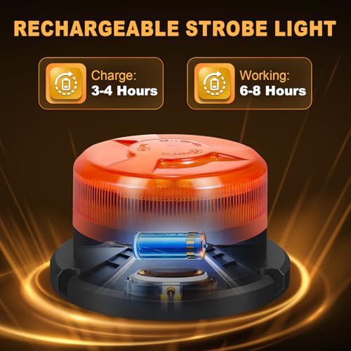 Amber Magnetic Strobe Beacon Light for Trucks & Golf Carts, Rechargeable