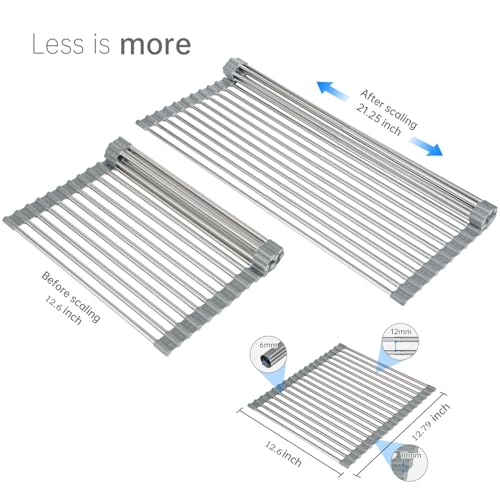 Large Expandable Roll Up Dish Drying Rack, Heat-Resistant Dish Drainer for Stainless Steel Sinks, Over The Sink Non-Slip Silicone Rollable Dish Drainer Roll Rack 18 Tube Gray 21.25''x12.79'' - size: Gray+Silver Tube