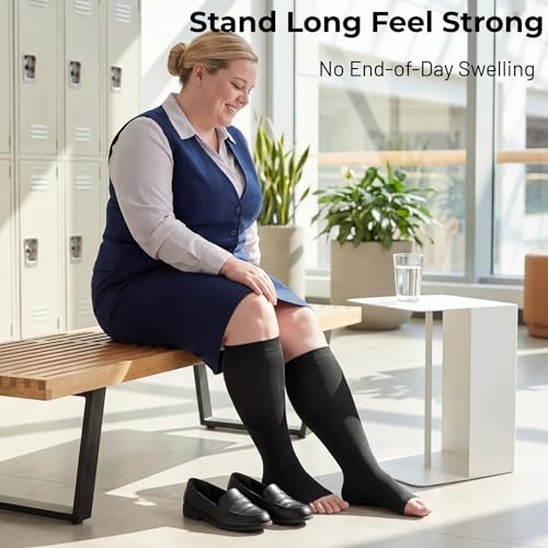 MGANG Plus Size Medical Compression Stockings for Women & Men, Open Toe - color: Knee High Open Toe Black, size: 6X-Large