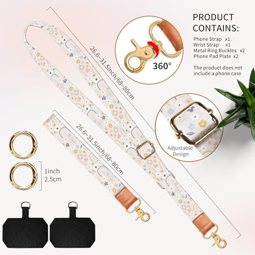Cell Phone Lanyard Adjustable Crossbody Strap, Cute Phone Neck Wristlet Wrist Strap Patch for Keys Case Accessories - color: Cute Boho Flowers Rainbow