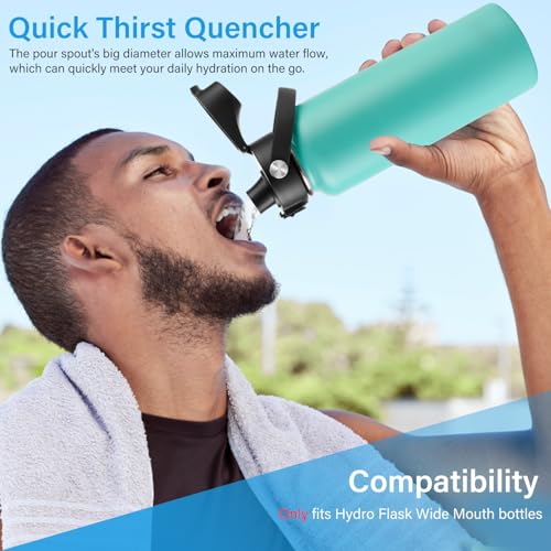 Auto Spout Lid for HydroFlask Wide Mouth Sport Water Bottles, Replacement Lid for Hydro Flask Wide Mouth 12, 16, 18, 32, 40, 64oz, Chug Lid with Flexible Handle, Button Lock, Black - color: Black