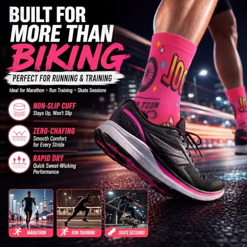 NIcool Cycling Socks For Men, 1/3 Pairs Bright Seamless Compression Running Crew Socks Youth Cushioned Tennis Quarter Socks - color: 1 Pair Hot Pink/Bike Print