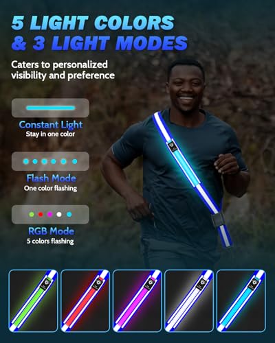 Fitense LED Reflective Belt Sash - 5 Lights Colors & 3 Light Modes High Visibility Night Safety Belt, Rechargeable Light Up Running Gear Adjustable Vest Straps for Runners Walkers Men Women - color: Blue, style: Classic