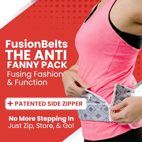 Fusion Belts Running Belt for Women & Men - Patented Side Zipper On Design - color: Grey Diamonds, size: XL/2X