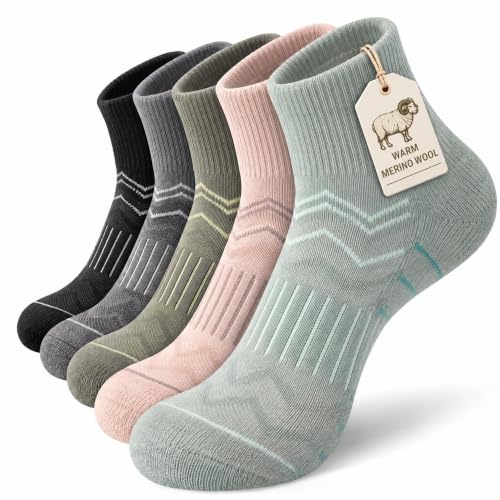 iCamter 5 Pairs Merino Wool Hiking Socks for Women Men - color: Black Grey Light Green Light Beige Green, size: 10-13