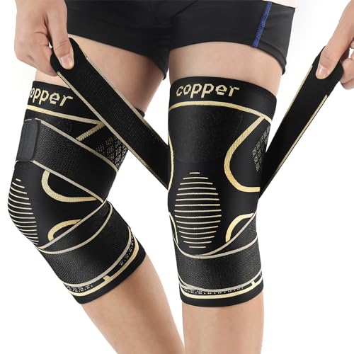 Copper Knee Support Braces with Straps for Men & Women (2 Pack, Medium) - size: Medium