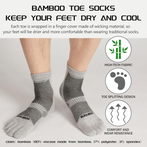 Sunew 3 Pairs Toe Socks for Men Women,Viscose Bamboo Breathable Athletic Running Five Finger Ankle/Quarter Socks - color: 3 Pairs Light Grey, size: Small