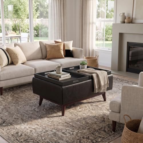 SIMPLIHOME Owen 34" Wide Vegan Leather Rectangle Tray Top Ottoman in Black - color: Distressed Black