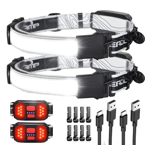 LED Headlamp, USB Rechargeable Hard Hat Light, 230° Broadbeam Headlight - color: Black-White 2PC