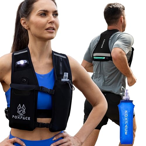 Running Vest for Women Men - Hydration Vest Water Bottle - Breathable Adjustable Backpack for Hiking Marathon - Waterproof Phone Pocket - Reflective Lights Up Rechargable Vest for Night Running