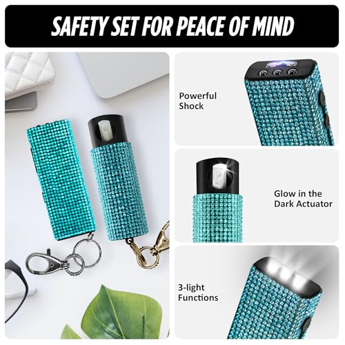 Guard Dog Security Bling It On Stun Gun and Pepper Spray for Self Defense, Fashionable Self-Defense Keychain Set for Women, Glow-in-the-Dark Actuator, 16-Ft Range, USB Rechargeable - color: Teal