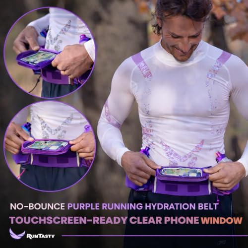 No.1 Hydration Belt by Runtasty - Premium Running Fuel Belt w/2 BPA-Free 10 oz Water Bottles, Tilt-Up Pocket w/Touchscreen-Ready Cover - Fits All iPhones, Runners Ebook & No-Bounce Design - color: Elite Purple