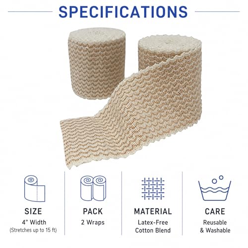 4" Elastic Bandage Wrap with Self-Closure, 2-Pack – 15 ft Stretched – Latex-Free, Reusable, Washable – Compression Support for Sprains, Injuries, Swelling, Sports Recovery - size: 4"