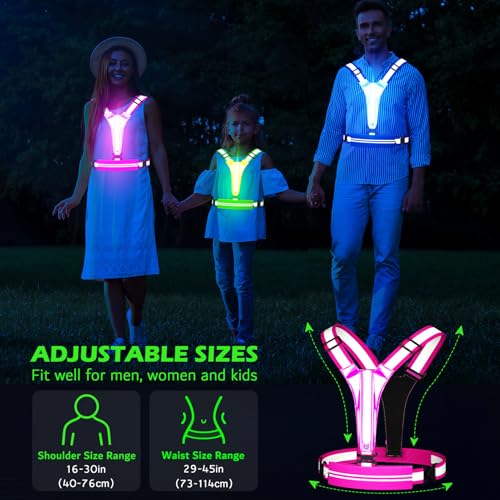 LED Reflective Vest Running Gear, USB Rechargeable Light Up Running Vest Chest Phone Holder for Runners Night Walking - color: Pink