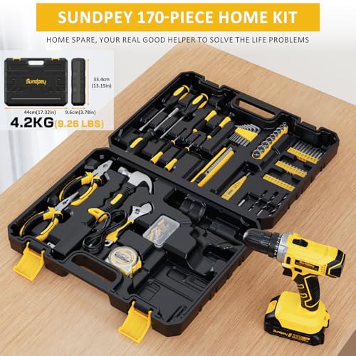 Sundpey 170 Pcs Portable Basic Home Tool Kit Set with 21V Cordless Drill