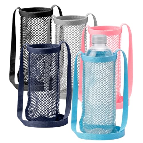 5 Pcs Water Bottle Holder with Adjustable Shoulder Strap Portable Mesh Bottle Carrier Bag with Pocket for Hiking Walking Travel Gym Vacation Holiday - Breathable Polyester