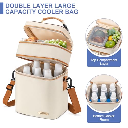Breastmilk Cooler Bag with Ice Pack Fits 6 Baby Bottles Up to 9 Ounce, Double Deck Leak-Proof Baby Bottles Bag with Shoulder Strap for Nursing & Working Mom, - color: Cream