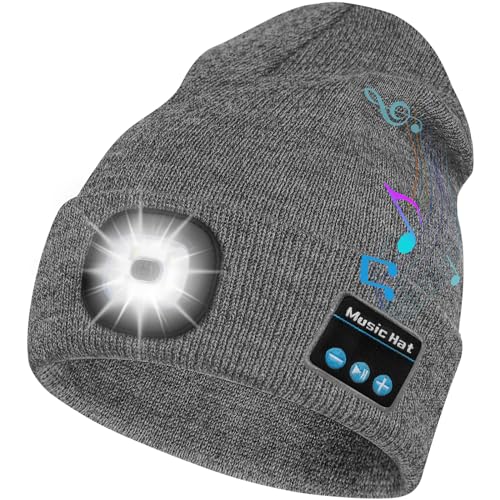 Bosttor Bluetooth Beanie Hat with Light, Headlamp Cap with Headphones and Built-in Speaker Mic, Gifts for Men Women Teen - color: Grey
