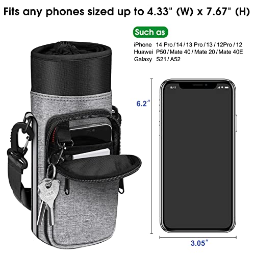 CaseBot Water Bottle Carrier Bag Sling Case, Sports Water Bottle Pouch Holder Sleeve with Adjustable Shoulder Hand Strap and 2 Pockets for Men Women Hiking Camping Travelling - color: Gray