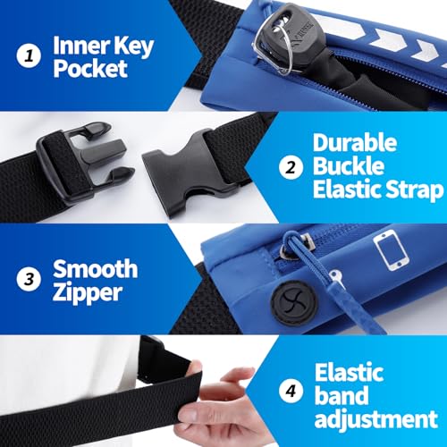 USHAKE Slim Running Belt Women Men, Bounce Free Fanny Pack Phone Holder - color: Navy Blue