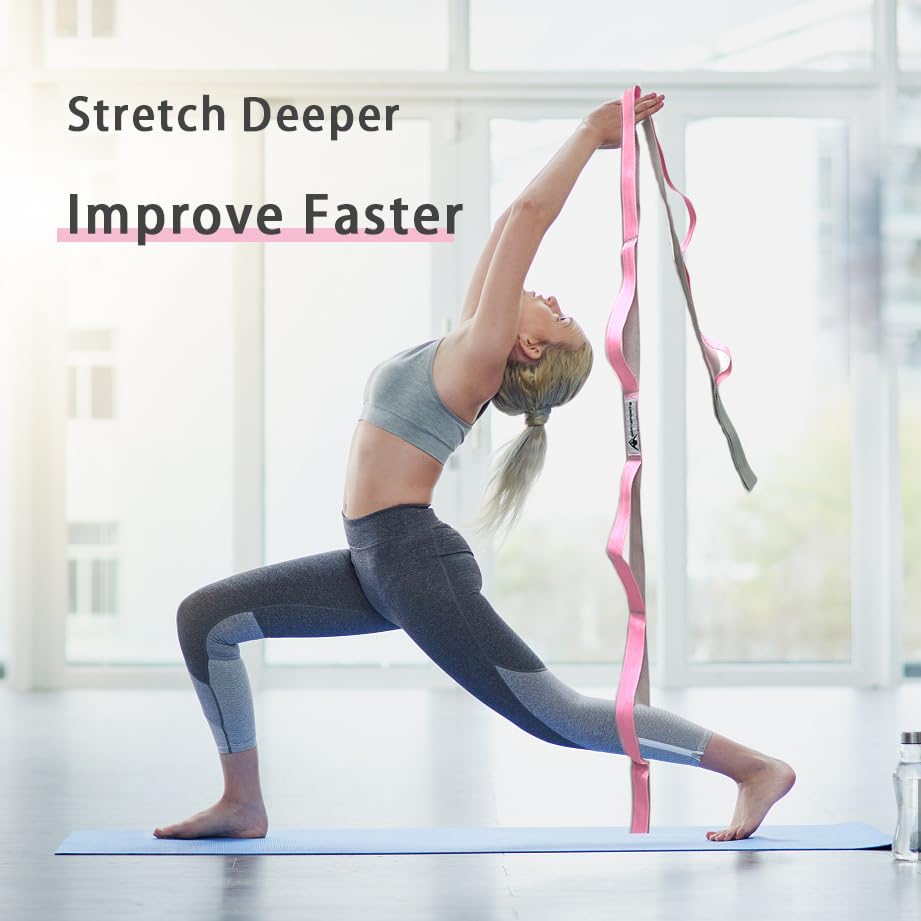 Stretching Strap Yoga Strap with Loops for Physical Therapy, Non-Elastic - color: Black+Pink/Light Gray