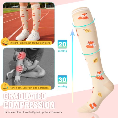 6 Pairs Compression Socks for Women Men Knee High - color: Animals, size: Small-Medium