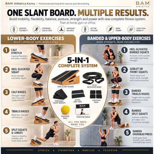 BAM Athletica Slant Boards for Exercise – Adjustable Wooden Calf Stretcher Incline Board for Calf Stretching, Squats, Physical Therapy, Plantar Fasciitis, Knee, Foot & Ankle Rehab, Velour Slant Board - color: Premium 5-in-1 Solution | Large Full Coverage