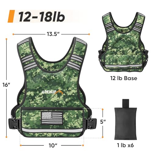 APEXUP Adjustable Weighted Vest, 4-10lb/12-18lb/20-32lb Vest with 6 Ironsand Weights and Large Pocket, Weight Vest for Men Women Strength Training, Running, Walking - color: Green Digi Camo, size: 12-18lbs