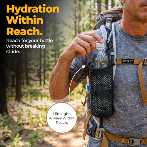 Water Bottle Holder for Backpack Non-Detachable Shoulder Straps - Fits 1L Smartwater, Detachable Rear Clips, Ultralight 0.7 oz, Durable Nylon Mesh Backpack Attachment
