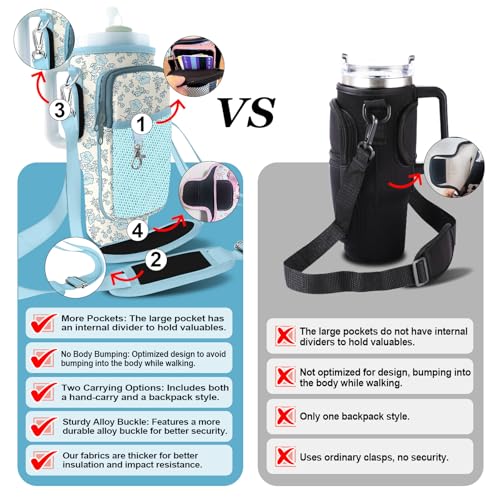 Stanley Carrier Bag for Stanley 40oz/30ozTumbler with Phone with 2 Adjustable Strap,3 Pockets Bottle Stanley Cup Carrier Bag & Case,Accessories for Hiking Travelling - color: Blue Flowers