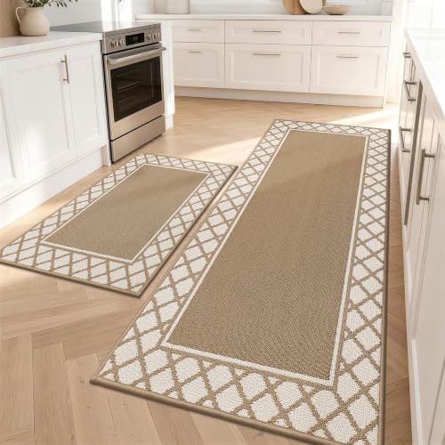 COSY HOMEER Washable Kitchen Rugs Sets of 2 Non-Slip Kitchen Mats,Beige - color: Beige, size: 24"x35" + 24"x60"