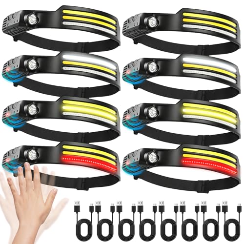 Headlamp Rechargeable 8-Pack，LED Head Torch with 8 Light Modes (White/Yellow/Red + Spotlight), Motion Sensor & Hands-Free Headband, USB Rechargeable for Camping, Running & Repairs, Fishing, Cycling